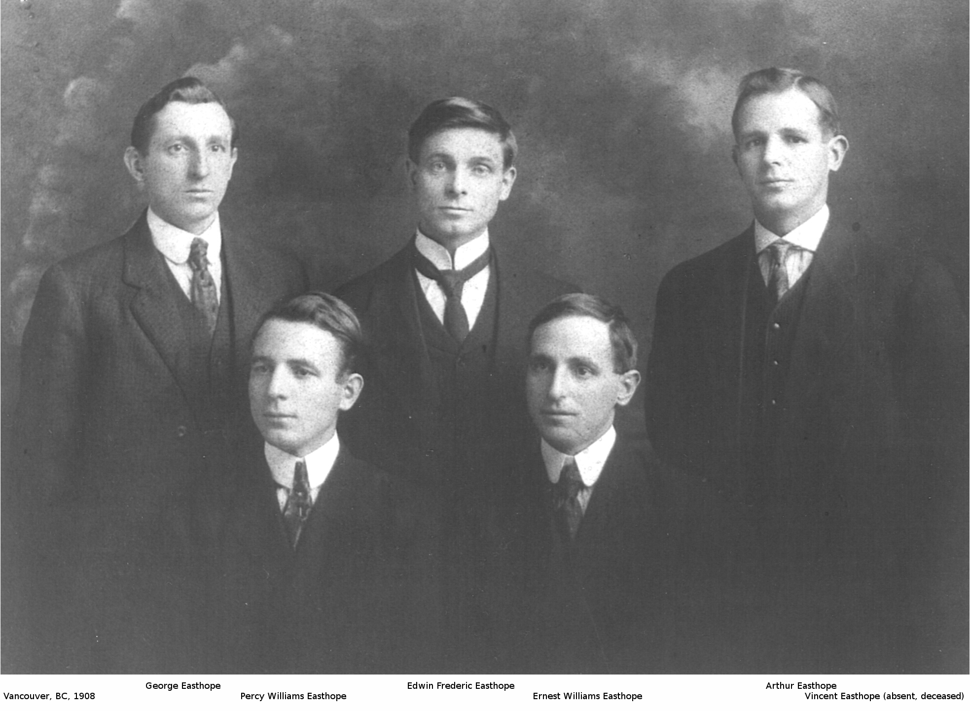 Easthope brothers George, Fred, Arthur, Percy and Ernest in 1908 a few months after the death of Vincent.