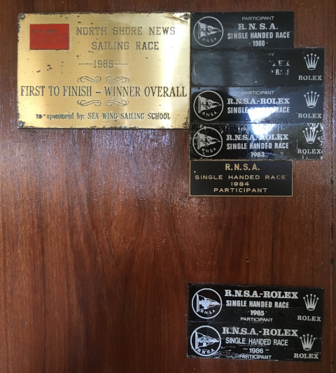 Award plates from races.